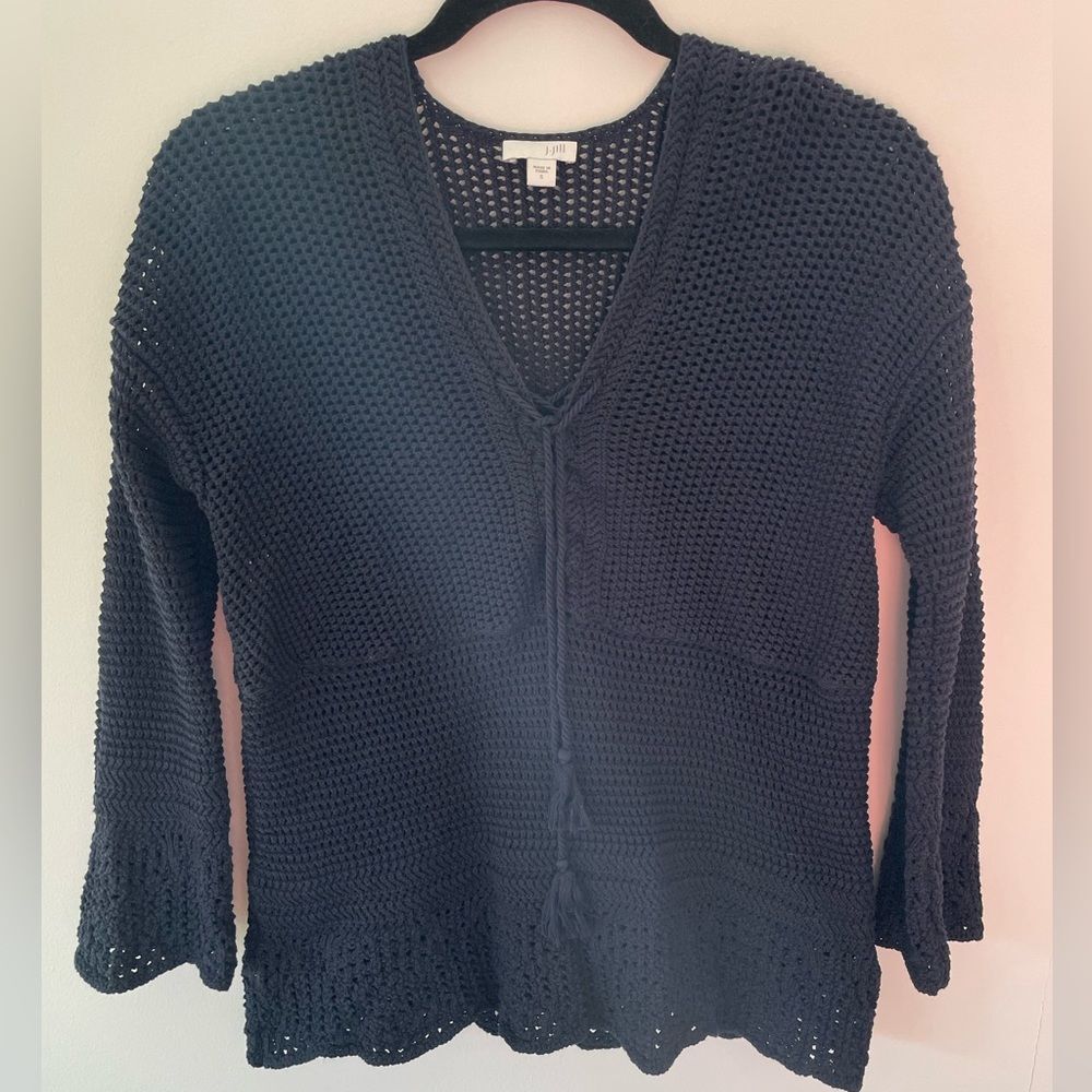 J Jill  Womens Navy Blue Open Knit Pullover Sweater  Small Crochet Cover Up